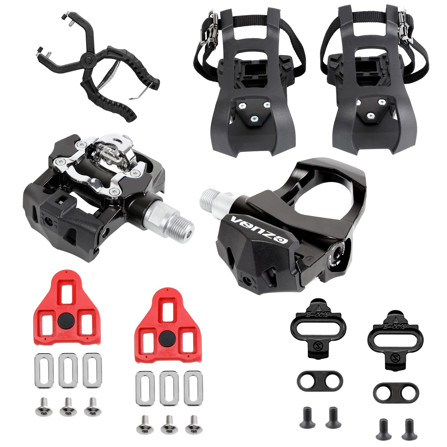 Venzo Sealed Fitness Exercise Indoor Bike Bicycle Pedals & Cleats - Compatible with Peloton, Look Delta & Shimano SPD - with Toe Cages Pedals Set or Cage Removal Tool for Indoor Fitness Exercise