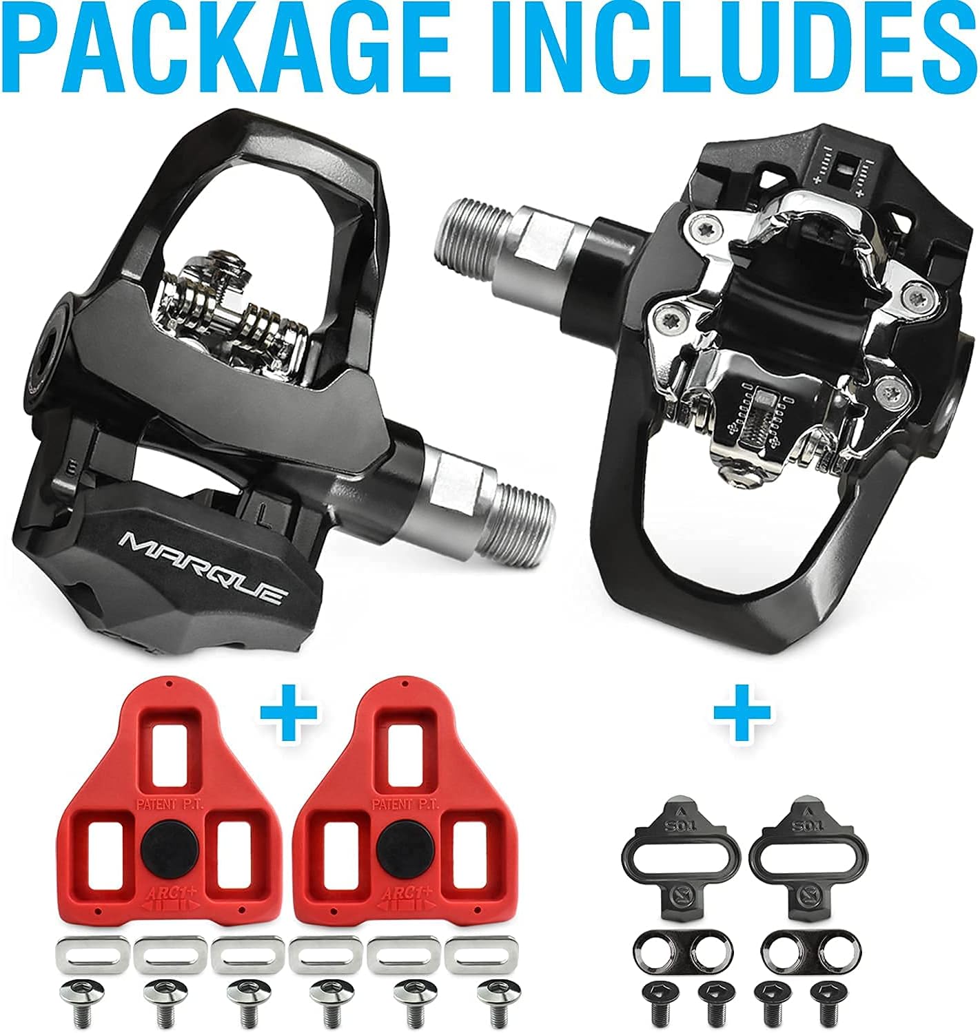 MARQUE Duo Indoor Bike Pedals – Indoor Cycling Clipless Pedals Compatible with Peloton Look Delta and SPD Cleats, Heavy Duty Durable 9/16” Thread for Stationary Exercise Fitness Bike