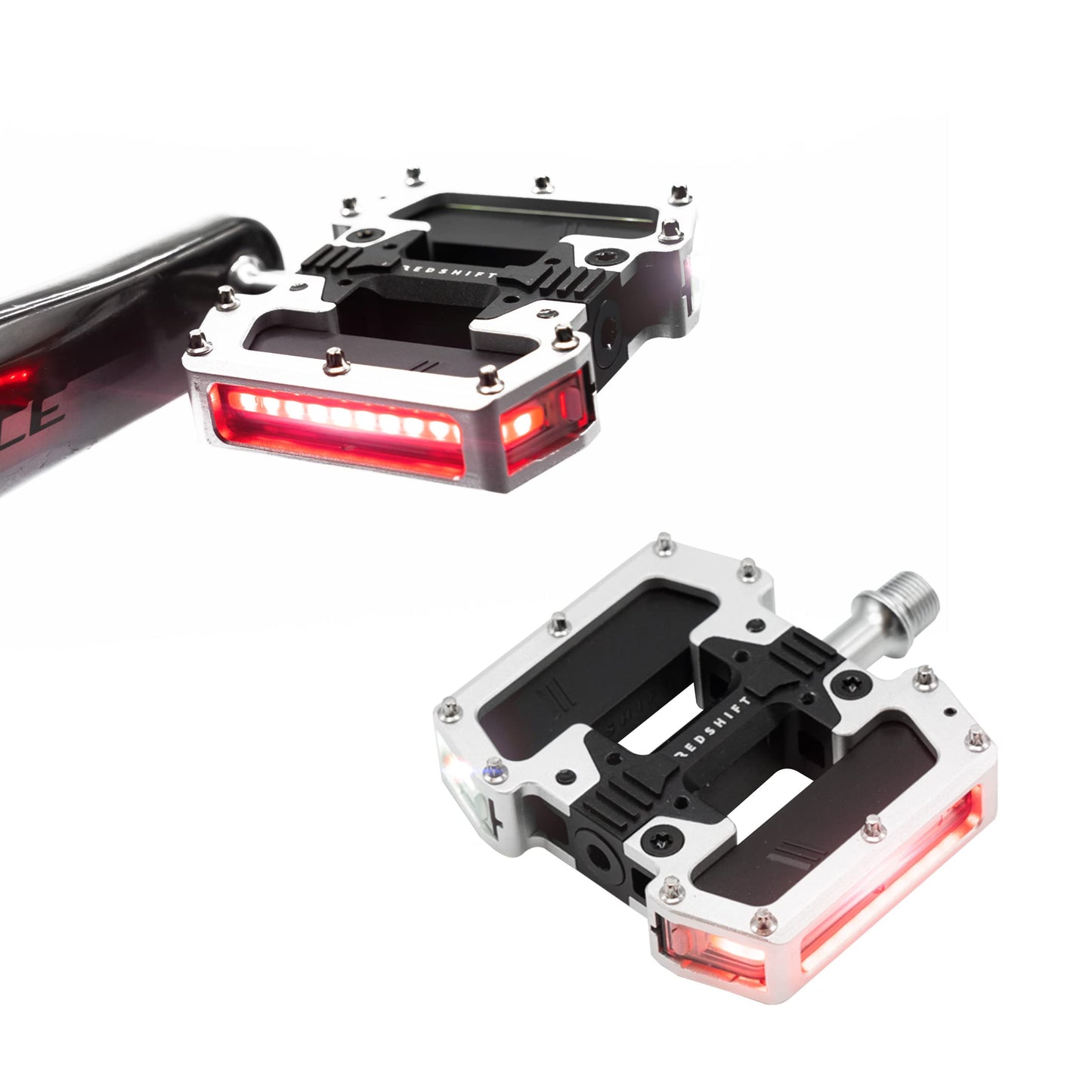 REDSHIFT ARCLIGHT PRO Flat Bicycle Pedals with LED Lights, Auto On-Off, 36+ hr Battery, USB Rechargeable, Weatherproof, Flat Aluminum Bike Pedal with 9/16in Steel Spindle and Traction Pins