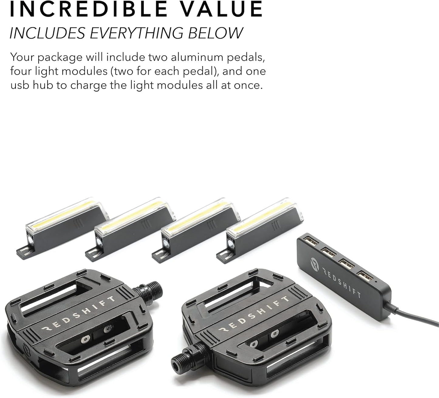 REDSHIFT ARCLIGHT Bicycle Pedals with LED Lights, Auto On-Off, 36+ hr Battery, USB Rechargeable, Waterproof, Flat Aluminum Bike Pedal with 9/16in Steel Spindle, for Ebike, City, Commuter, Hybrid, Road