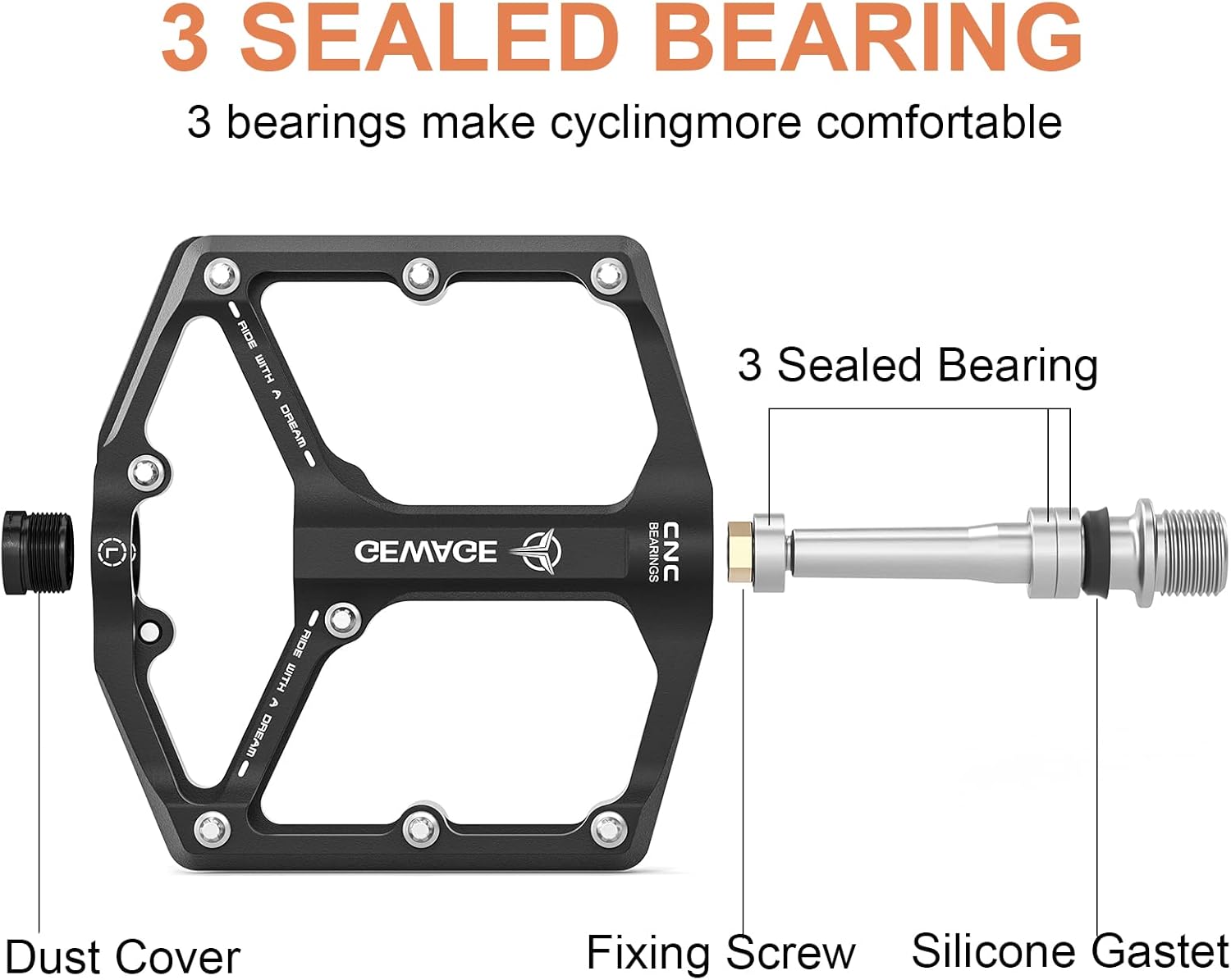 Road/Mountain Bike Pedals - 3 Bearings Bicycle Pedals - 9/16” CNC Machined Flat Pedals with Removable Anti-Skid Nails