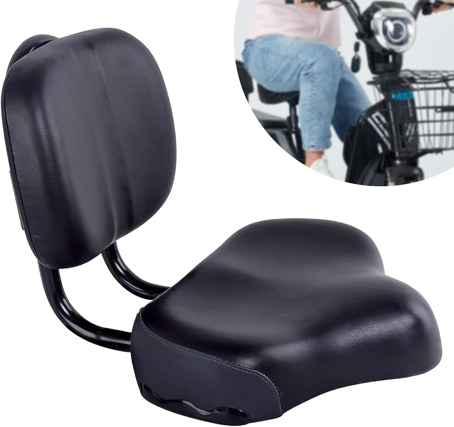 Extra Wide Bike Seat with Backrest and Comfortable Ergonomic Design for Men and Women - Adjustable Height Leather Saddle Pad for eBike, Tricycle, and Big Bikes