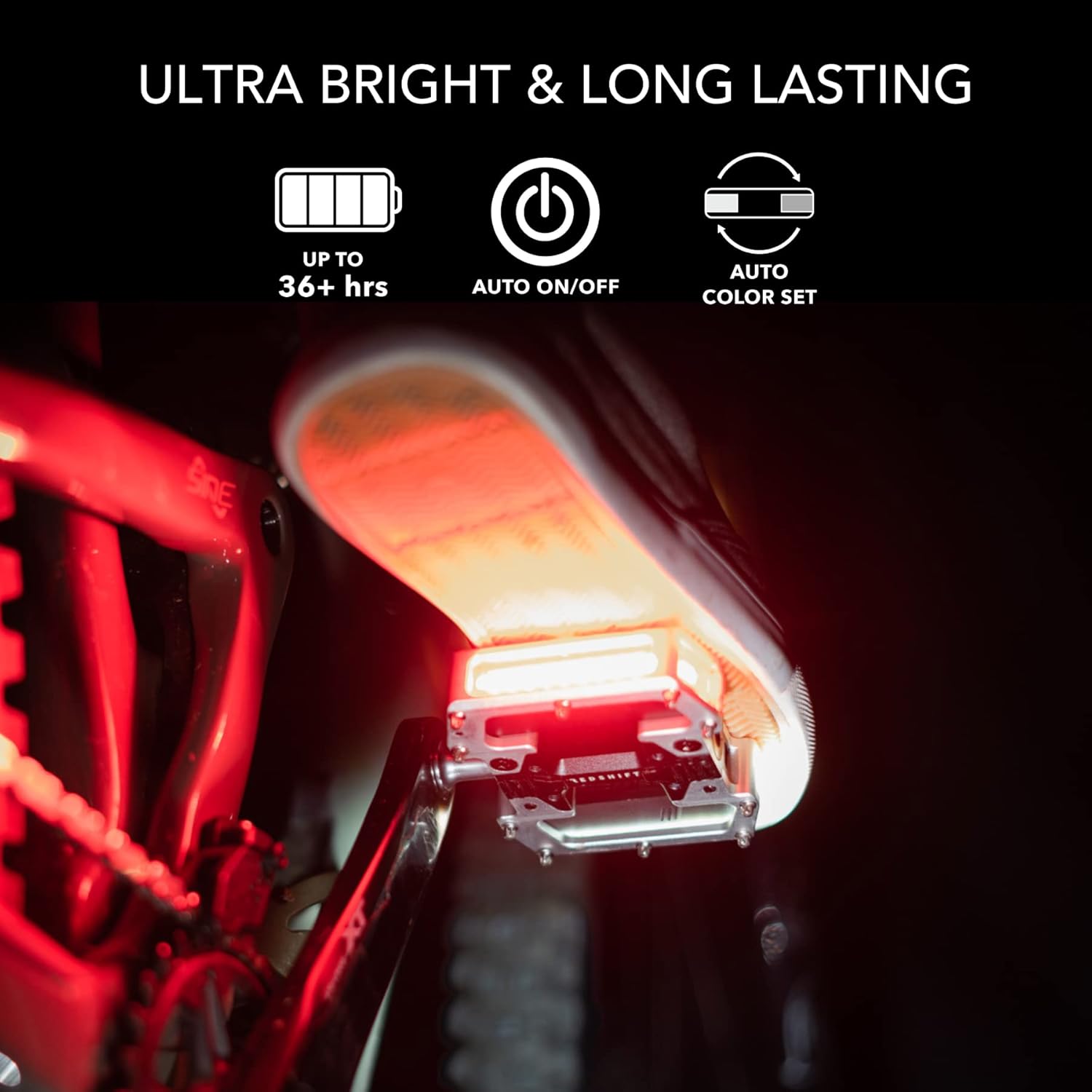 REDSHIFT ARCLIGHT PRO Flat Bicycle Pedals with LED Lights, Auto On-Off, 36+ hr Battery, USB Rechargeable, Weatherproof, Flat Aluminum Bike Pedal with 9/16in Steel Spindle and Traction Pins