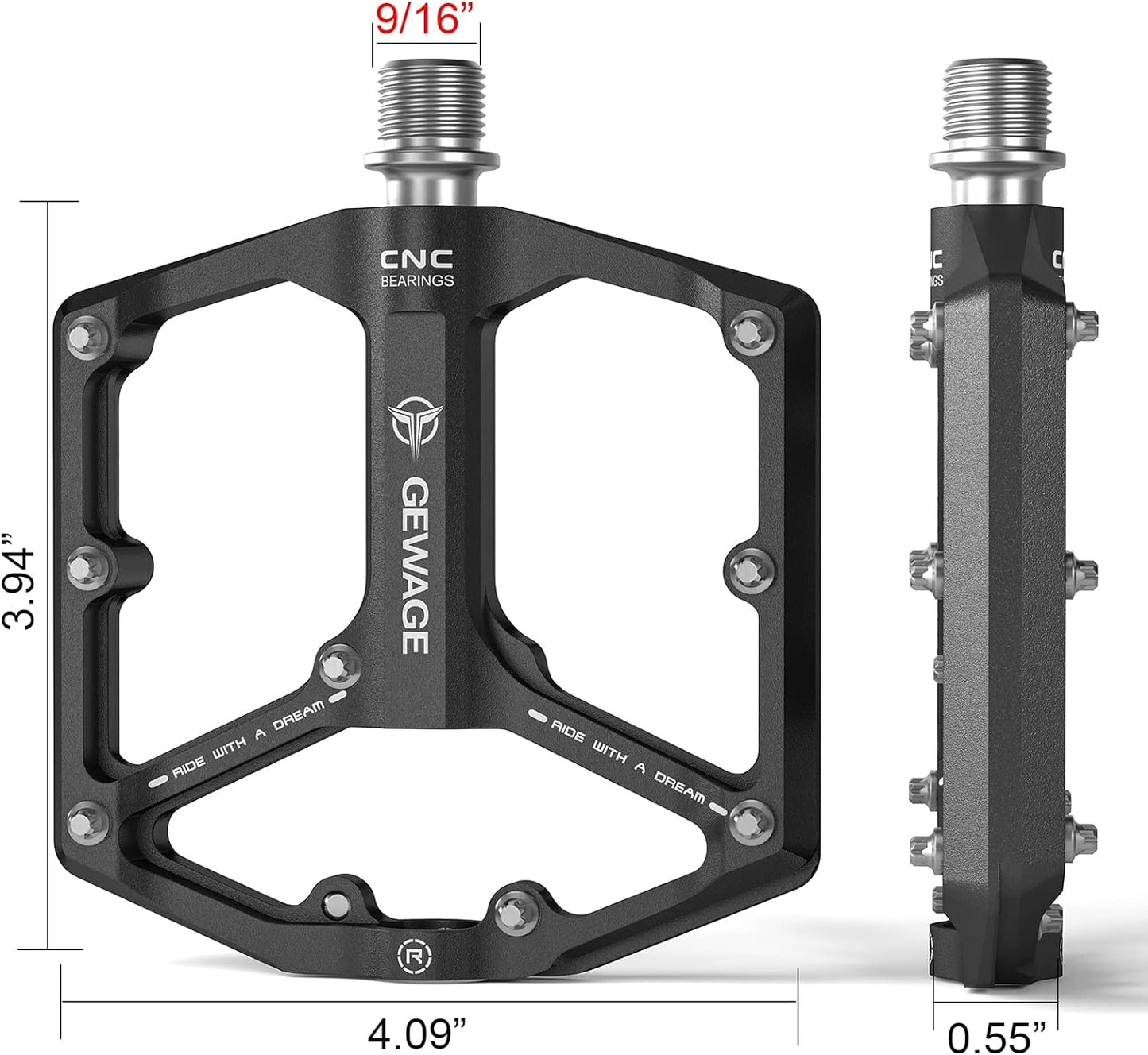 Road/Mountain Bike Pedals - 3 Bearings Bicycle Pedals - 9/16” CNC Machined Flat Pedals with Removable Anti-Skid Nails