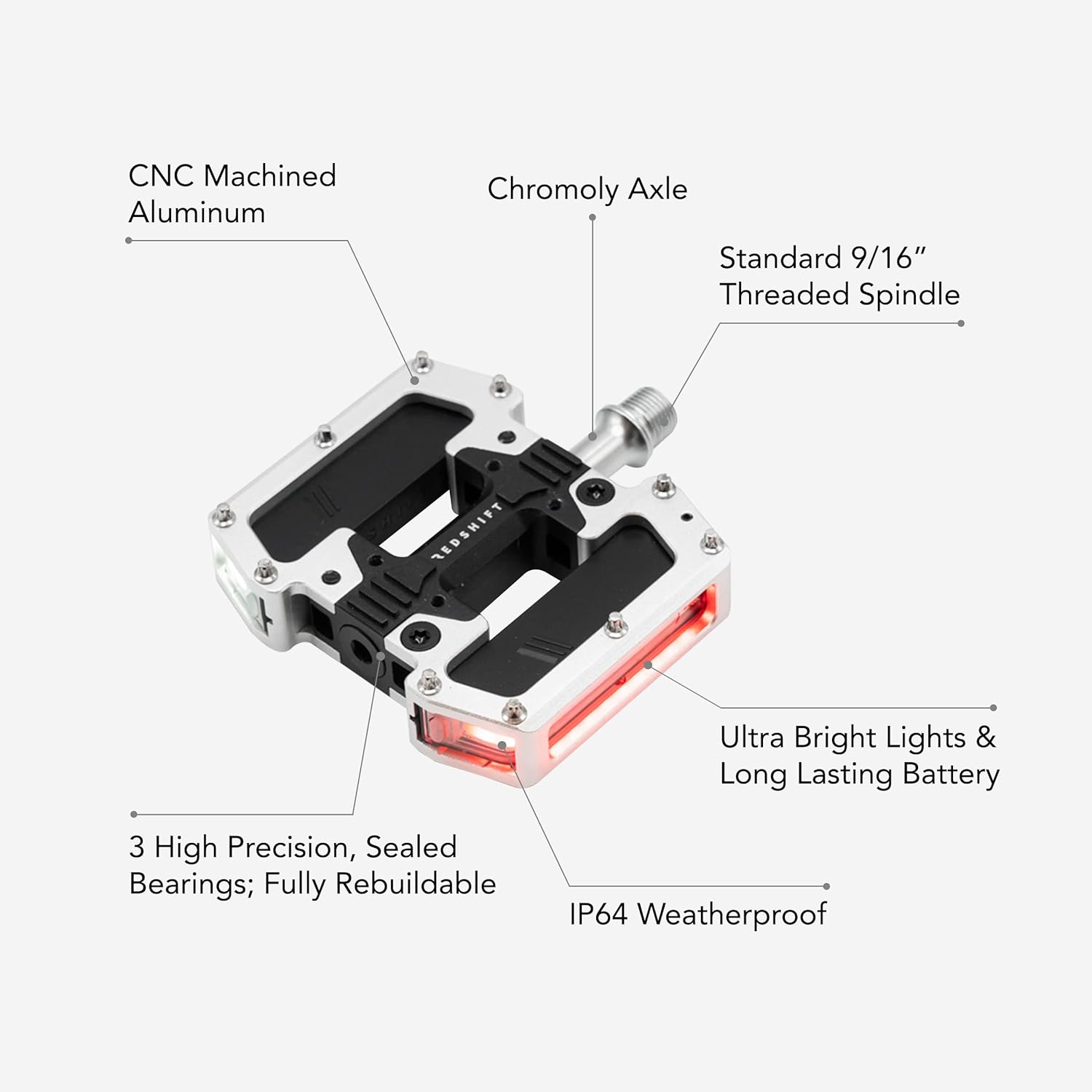 REDSHIFT ARCLIGHT PRO Flat Bicycle Pedals with LED Lights, Auto On-Off, 36+ hr Battery, USB Rechargeable, Weatherproof, Flat Aluminum Bike Pedal with 9/16in Steel Spindle and Traction Pins