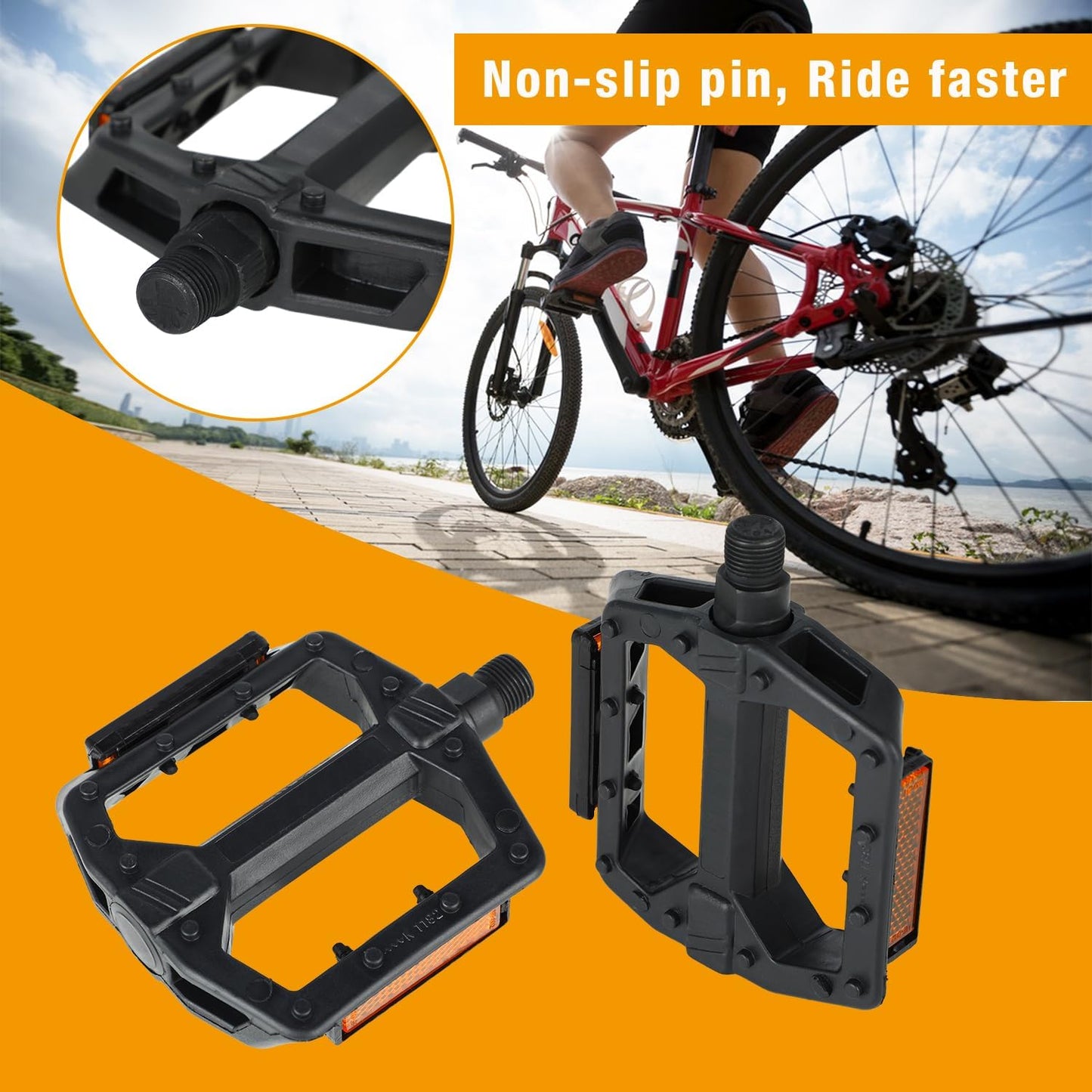 Bike Pedals 9/16" Lightweight Non-Slip Bicycle Platform Pedals Fits Most Adult Bikes Shock-Absorbing E-Bike Pedal Non-Slip & Durable Lightweight for Most Adult Bikes & MTB