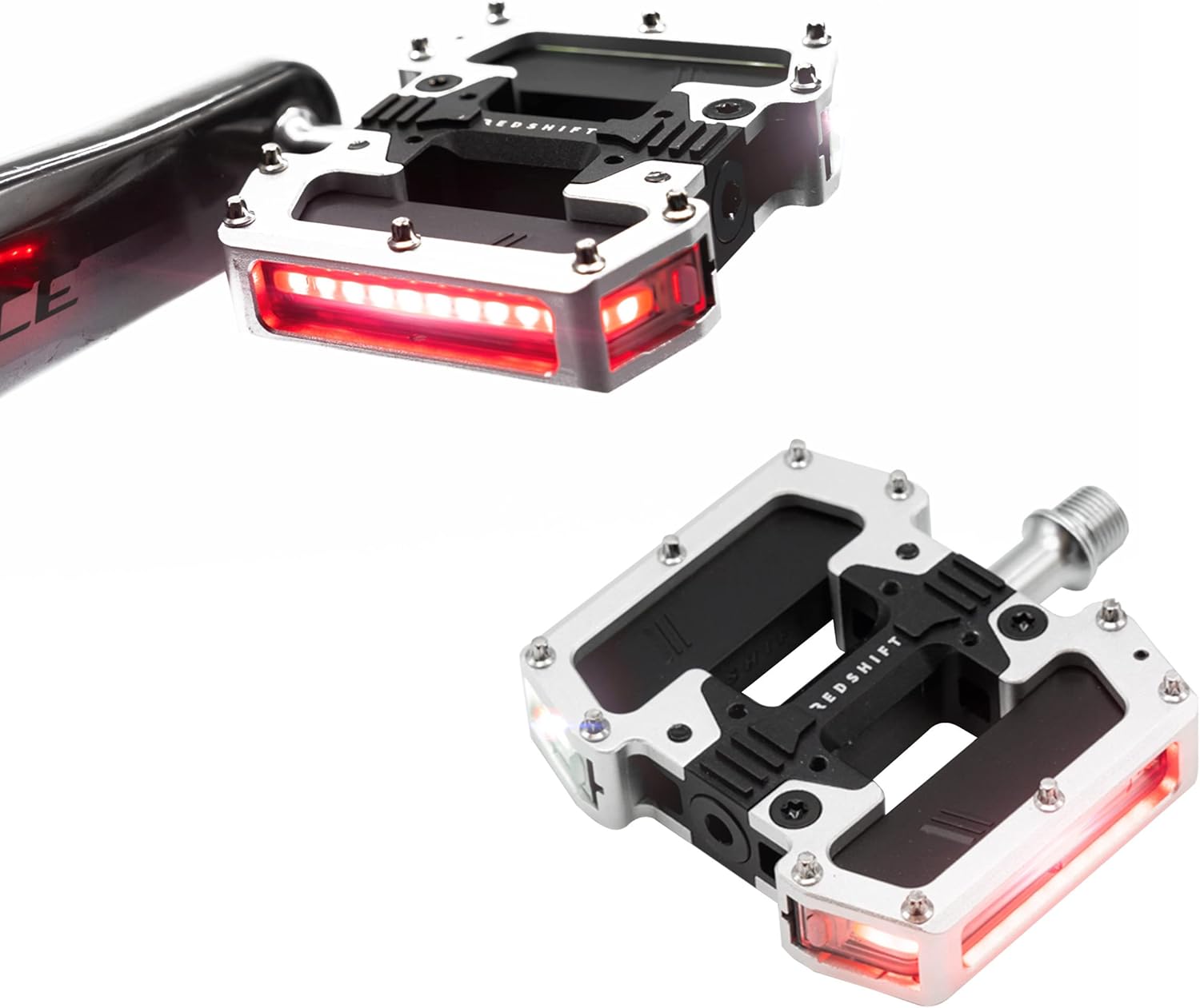 REDSHIFT ARCLIGHT PRO Flat Bicycle Pedals with LED Lights, Auto On-Off, 36+ hr Battery, USB Rechargeable, Weatherproof, Flat Aluminum Bike Pedal with 9/16in Steel Spindle and Traction Pins