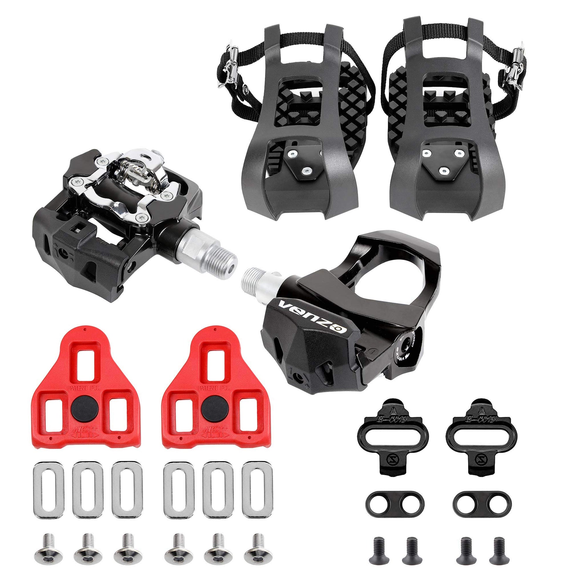 Venzo Sealed Fitness Exercise Indoor Bike Bicycle Pedals & Cleats - Compatible with Peloton, Look Delta & Shimano SPD - with Toe Cages Pedals Set or Cage Removal Tool for Indoor Fitness Exercise